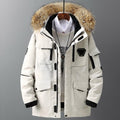 Exclusive Unisex Mid-Length Loose Couple Winter Coat — Beige — Size 3XL — Front View