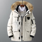 Exclusive Unisex Mid-Length Loose Couple Winter Coat — Beige — Size 3XL — Front View