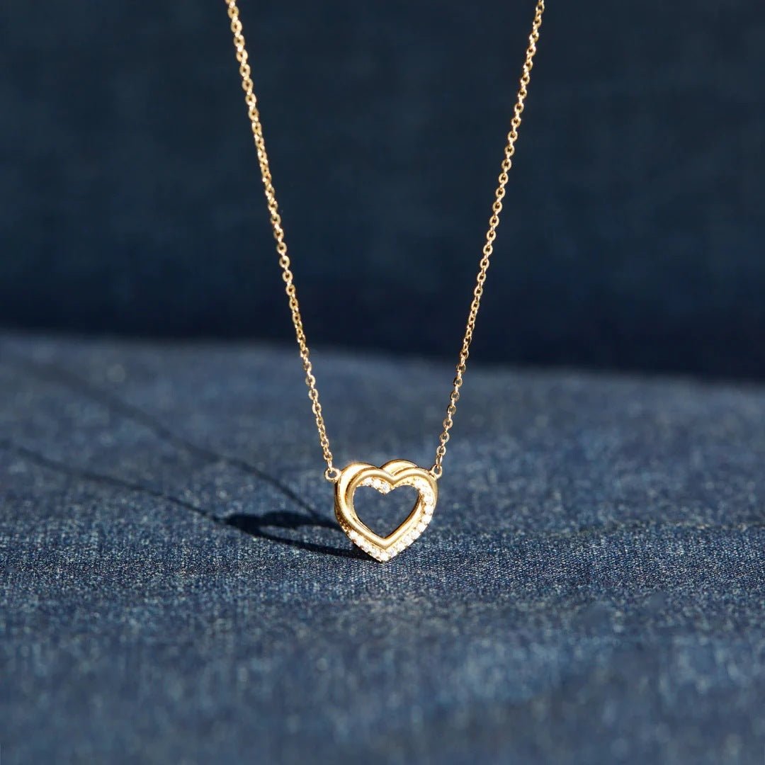 Exclusive Overlapping Double Hollow Heart Necklace — White Gold Color — Size 925 Silver — Front View