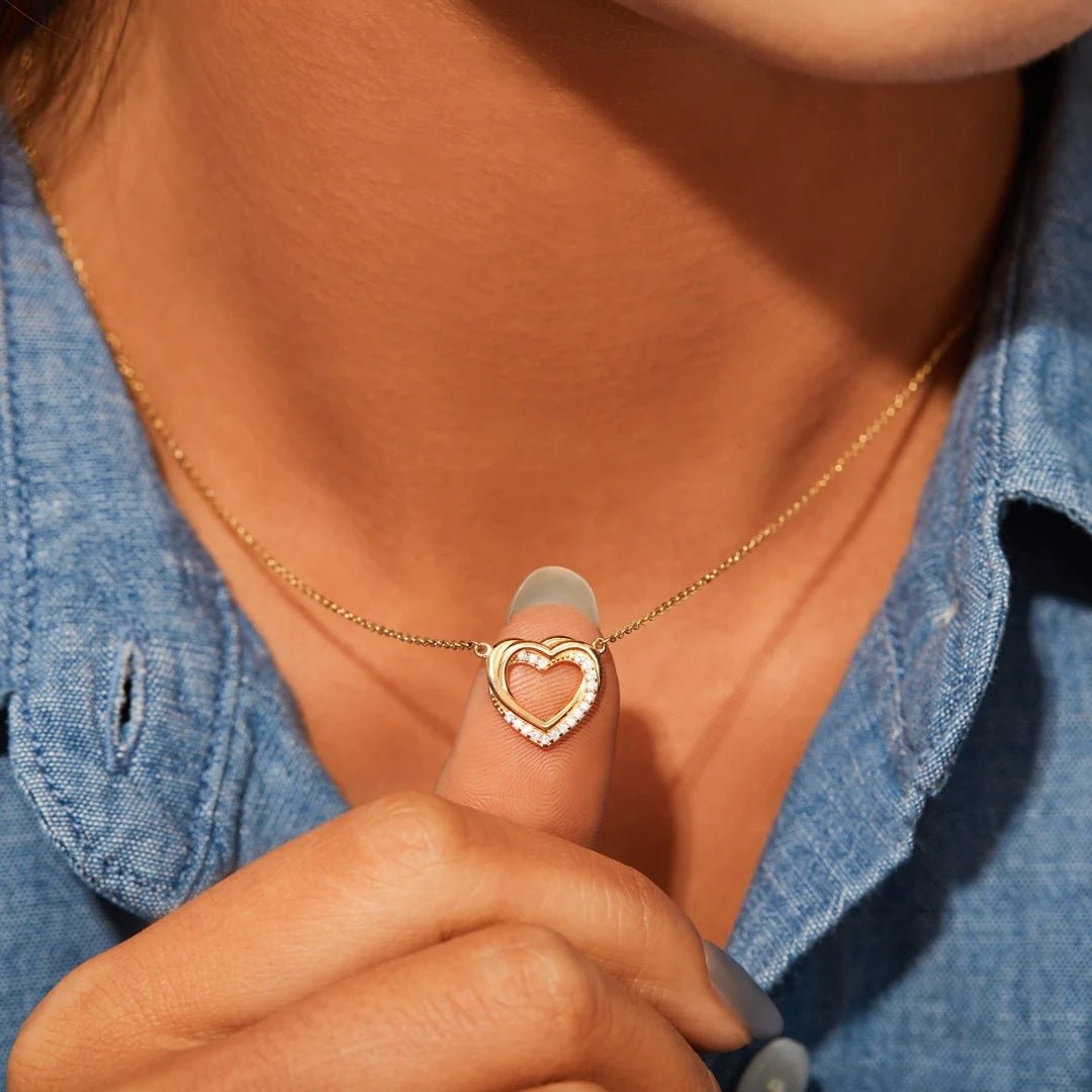 Exclusive Overlapping Double Hollow Heart Necklace — White Gold Color — Size 925 Silver — Side View