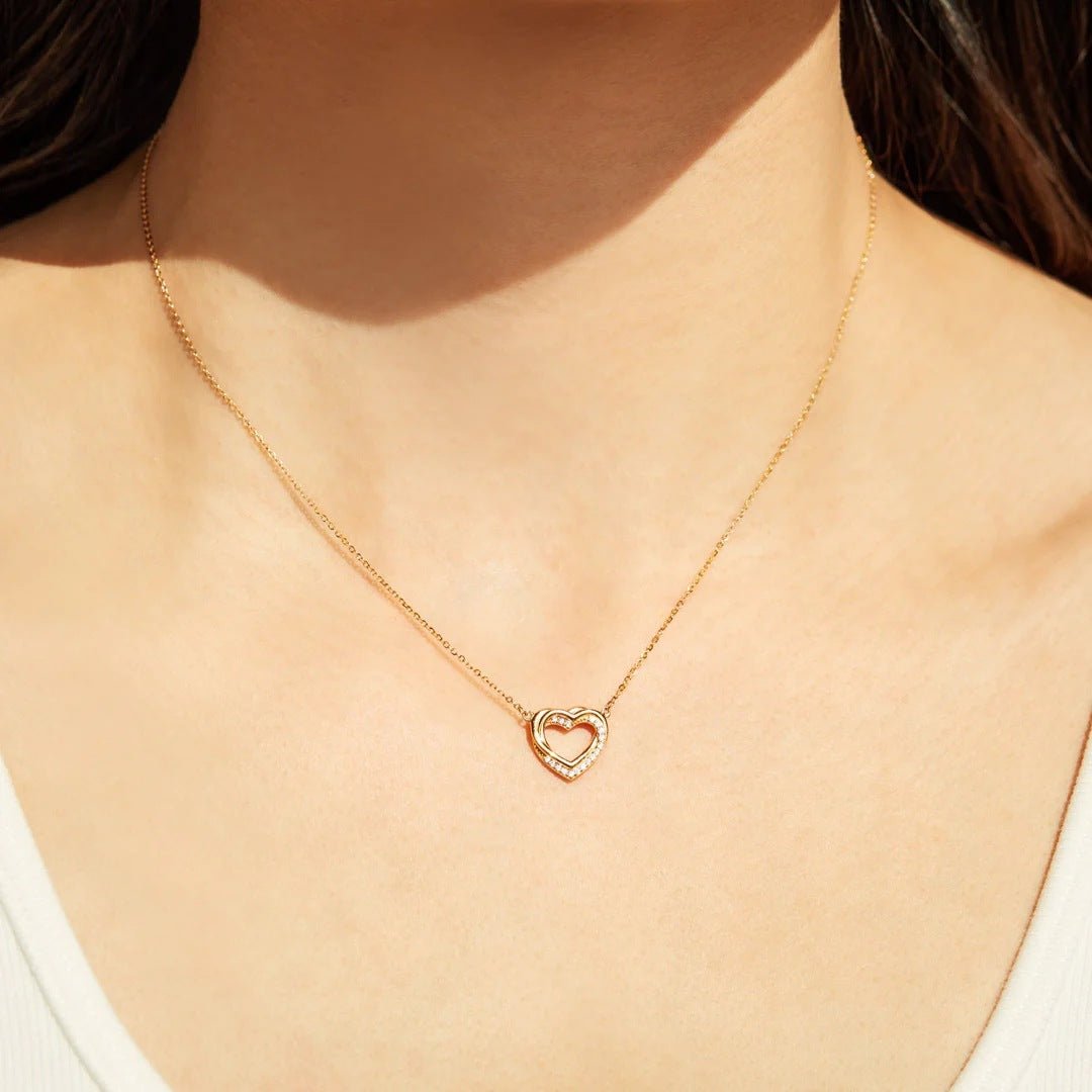 Exclusive Overlapping Double Hollow Heart Necklace — White Gold Color — Size 925 Silver — Top View