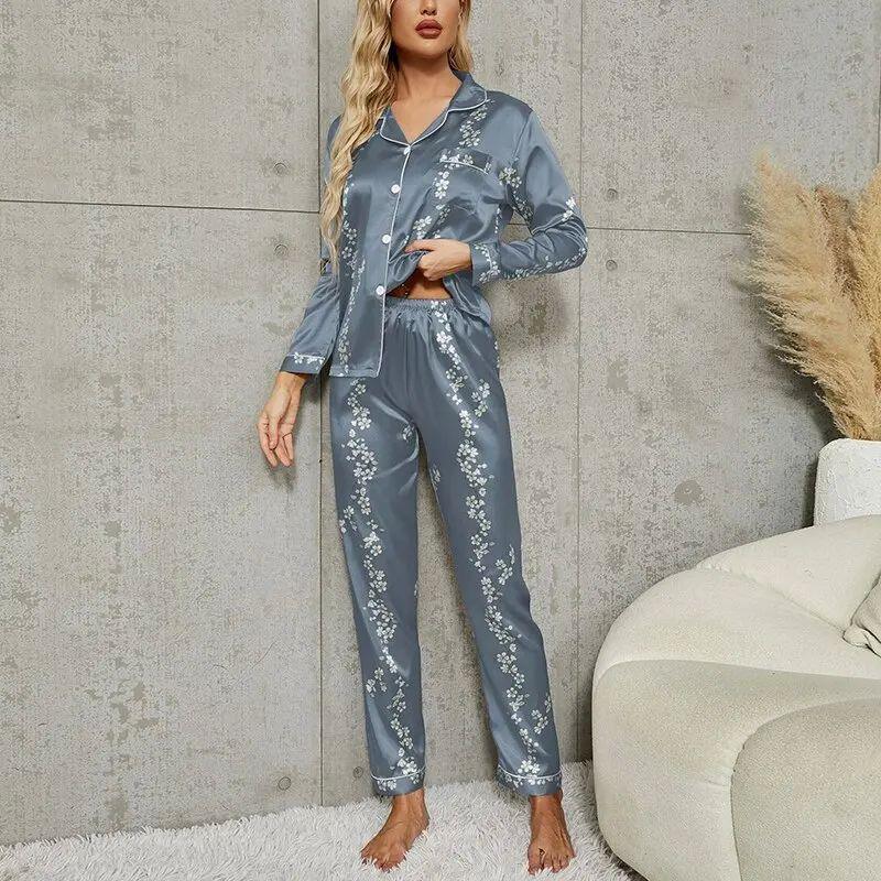 Exclusive Pajama Set Long Sleeved Women — Blue — Size L — Top View