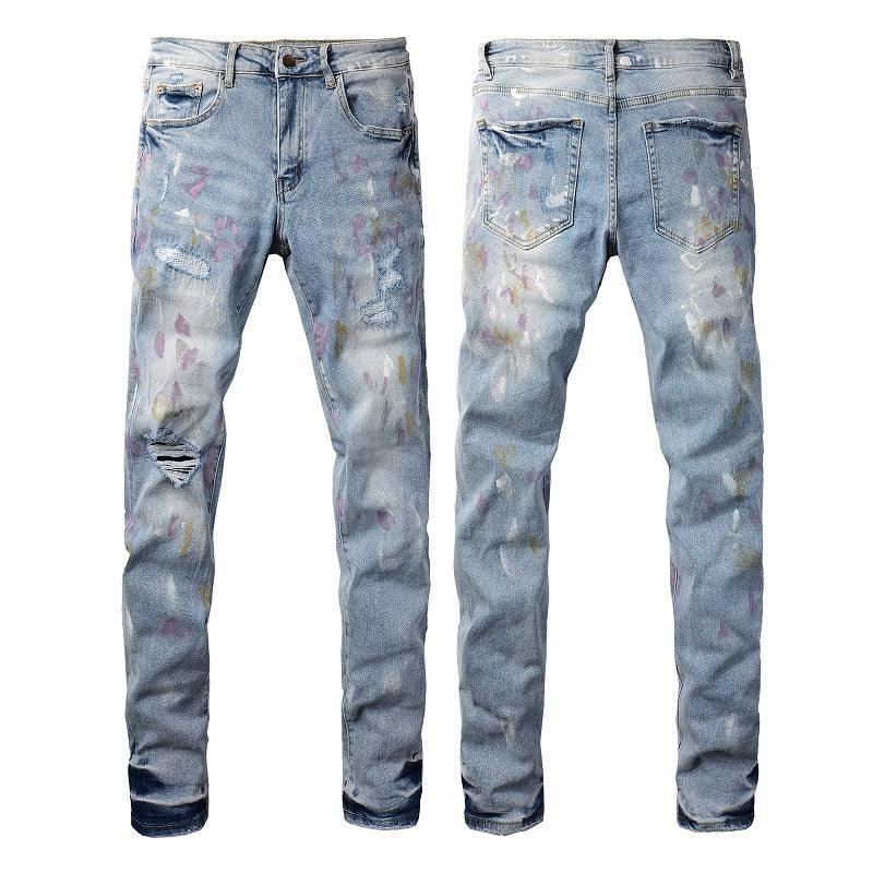 Exclusive Pleated Colorful Splash-ink Paint Jeans — Light Blue — Size 28 — Alternate View 11