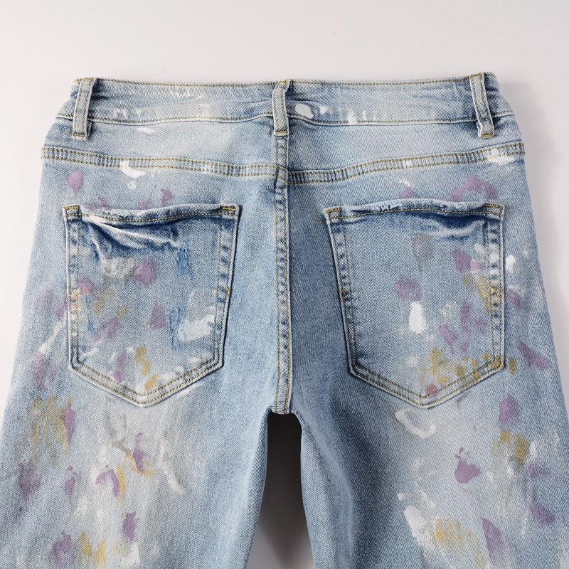 Exclusive Pleated Colorful Splash-ink Paint Jeans — Light Blue — Size 28 — Side View