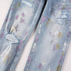 Exclusive Pleated Colorful Splash-ink Paint Jeans — Light Blue — Size 28 — Detail View