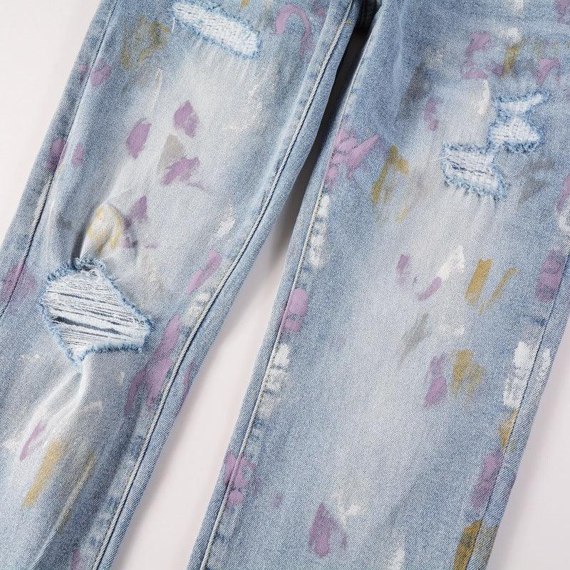 Exclusive Pleated Colorful Splash-ink Paint Jeans — Light Blue — Size 28 — Detail View