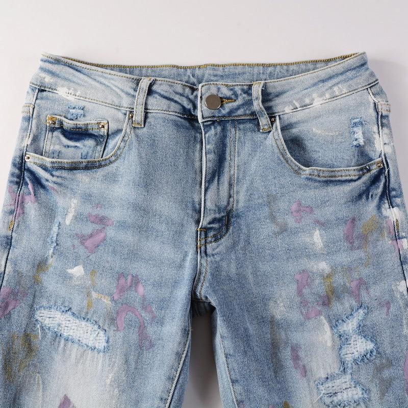 Exclusive Pleated Colorful Splash-ink Paint Jeans — Light Blue — Size 28 — Back View