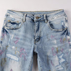 Exclusive Pleated Colorful Splash-ink Paint Jeans — Light Blue — Size 28 — Back View