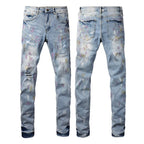 Exclusive Pleated Colorful Splash-ink Paint Jeans — Light Blue — Size 28 — Top View
