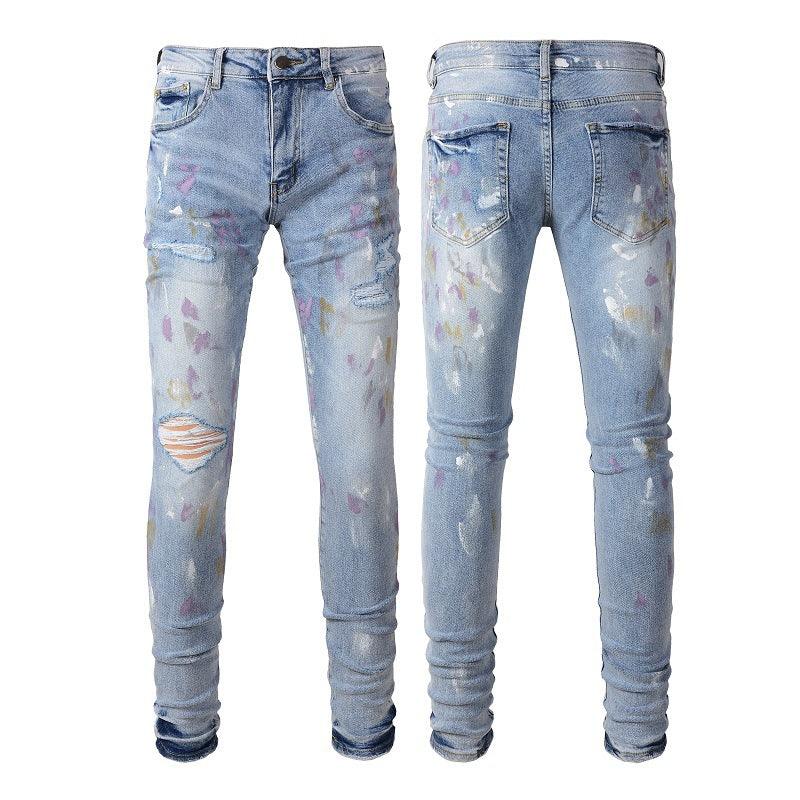 Exclusive Pleated Colorful Splash-ink Paint Jeans — Light Blue — Size 28 — Front View