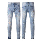 Exclusive Pleated Colorful Splash-ink Paint Jeans — Light Blue — Size 28 — Front View