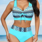 Exclusive Plus Size Split Swimsuit | Flattering & Comfortable Fit — Blue Background Printed — Size 2XL — Detail View