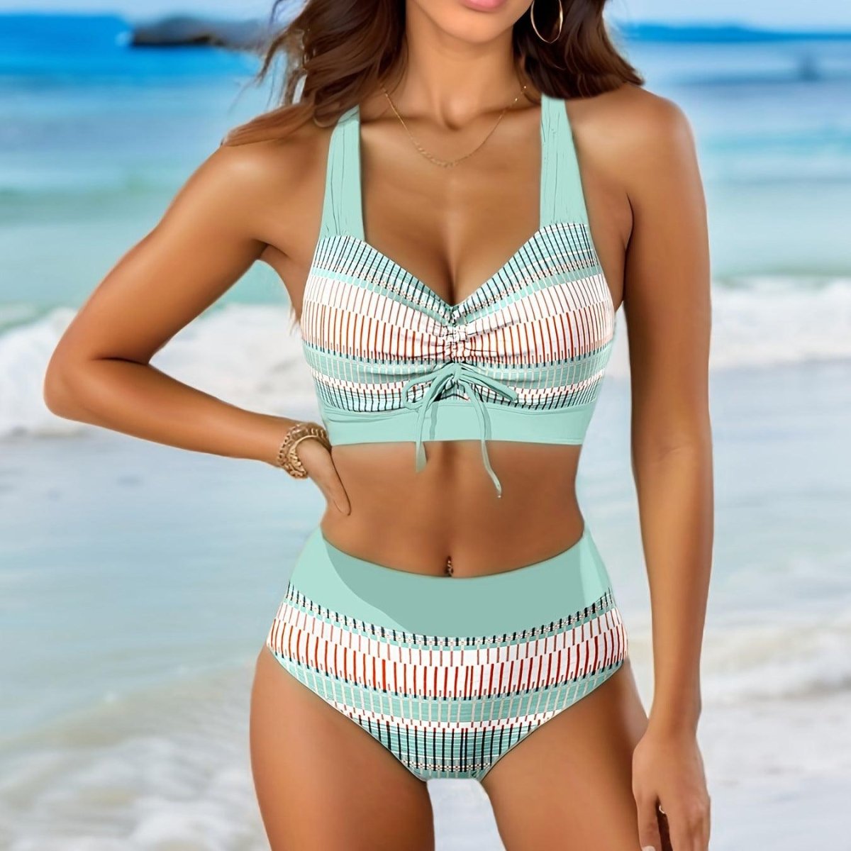 Exclusive Plus Size Split Swimsuit | Flattering & Comfortable Fit — Blue Background Printed — Size 2XL — Alternate View 7