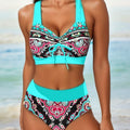 Exclusive Plus Size Split Swimsuit | Flattering & Comfortable Fit — Blue Background Printed — Size 2XL — Front View