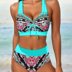 Exclusive Plus Size Split Swimsuit | Flattering & Comfortable Fit — Blue Background Printed — Size 2XL — Front View