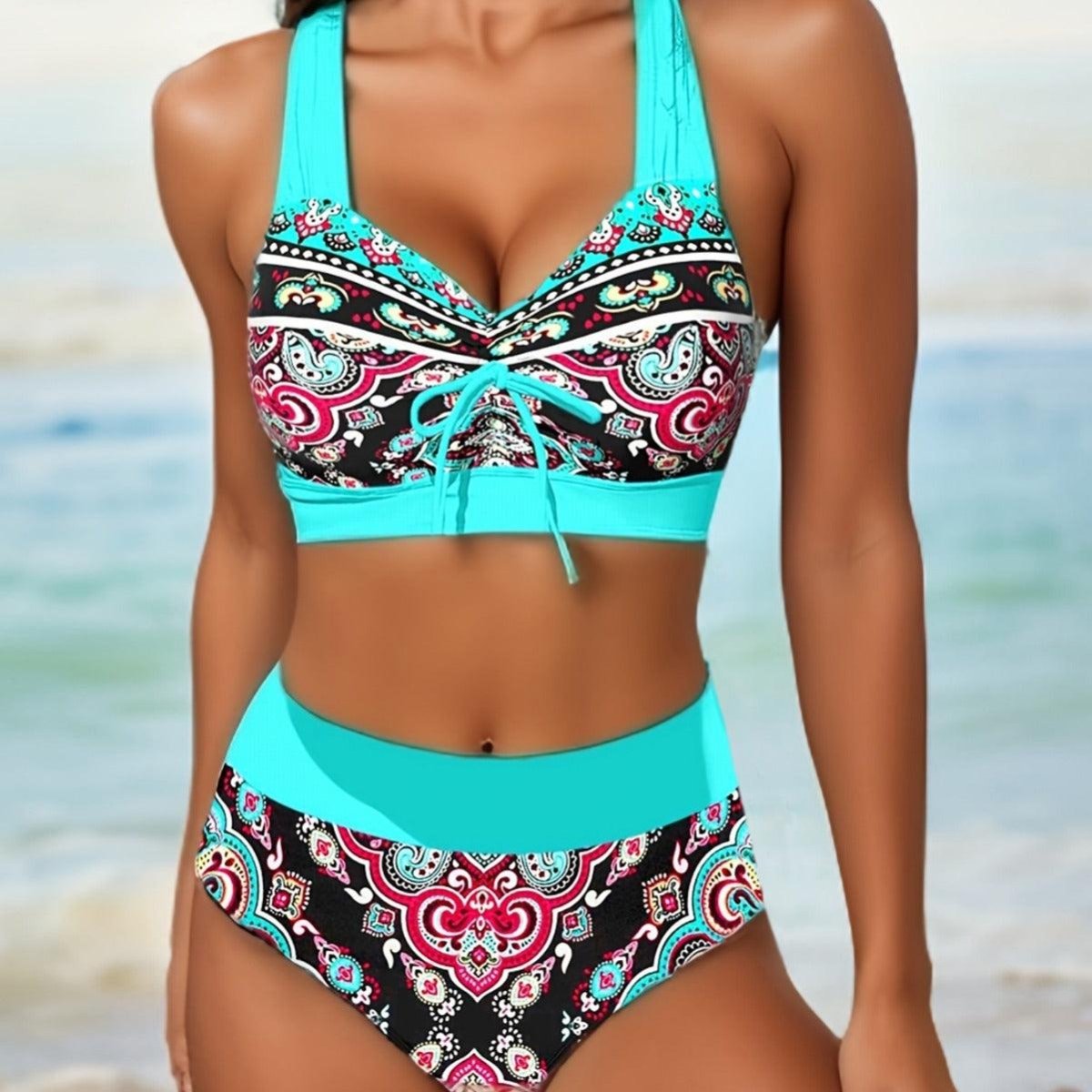 Exclusive Plus Size Split Swimsuit | Flattering & Comfortable Fit — Blue Background Printed — Size 2XL — Front View
