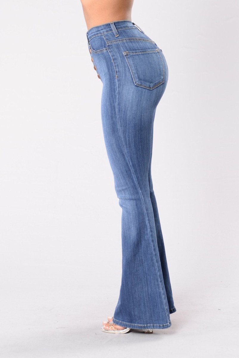 Exclusive Popular Slim Fit High Waist Denim Bell-bottom — Light Blue — Size S — Top View