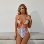 Exclusive Printed Bikini  One-piece Swimsuit — Orange — Size L — Detail View