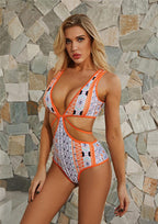 Exclusive Printed Bikini  One-piece Swimsuit — Orange — Size L — Front View