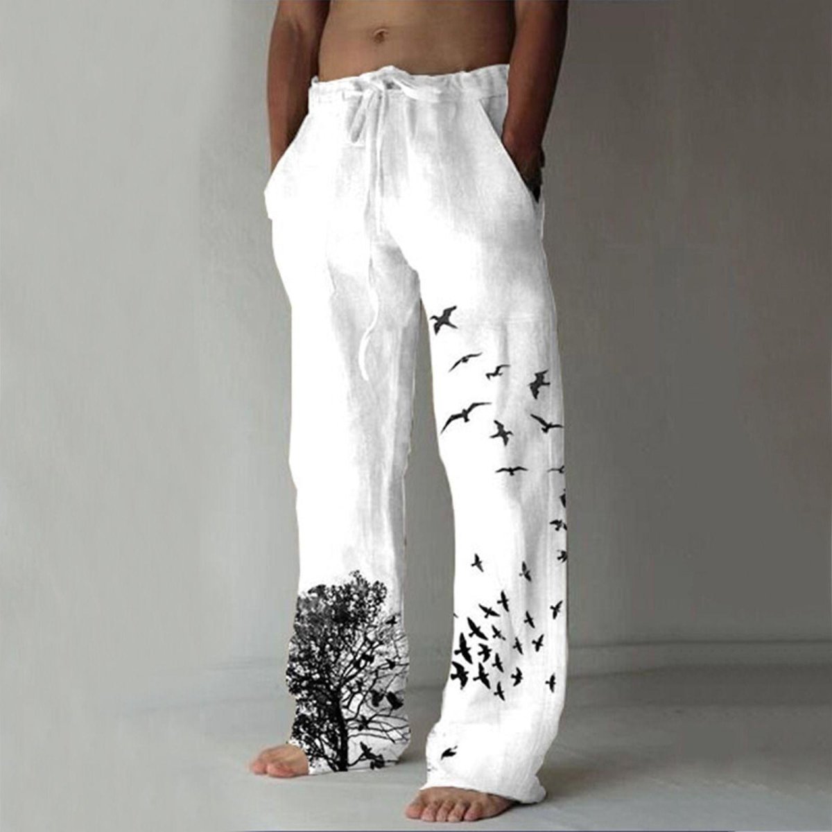 Exclusive Printed Flying Bird Drawstring Leisure Men's Pants — Gray — Size L — Front View
