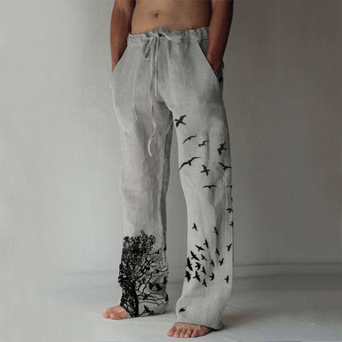 Exclusive Printed Flying Bird Drawstring Leisure Men's Pants — Gray — Size L — Back View