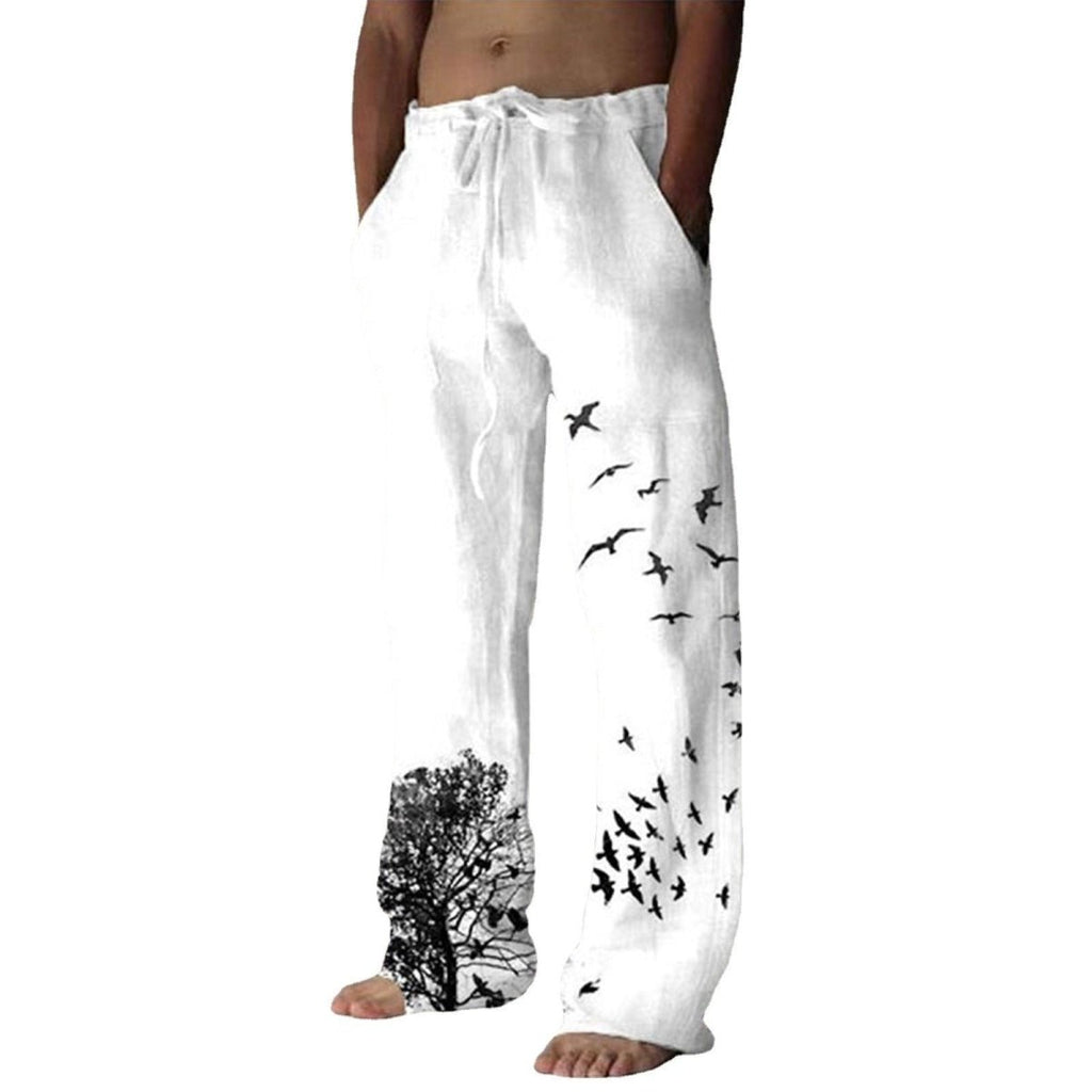 Exclusive Printed Flying Bird Drawstring Leisure Men's Pants — Gray — Size L — Detail View