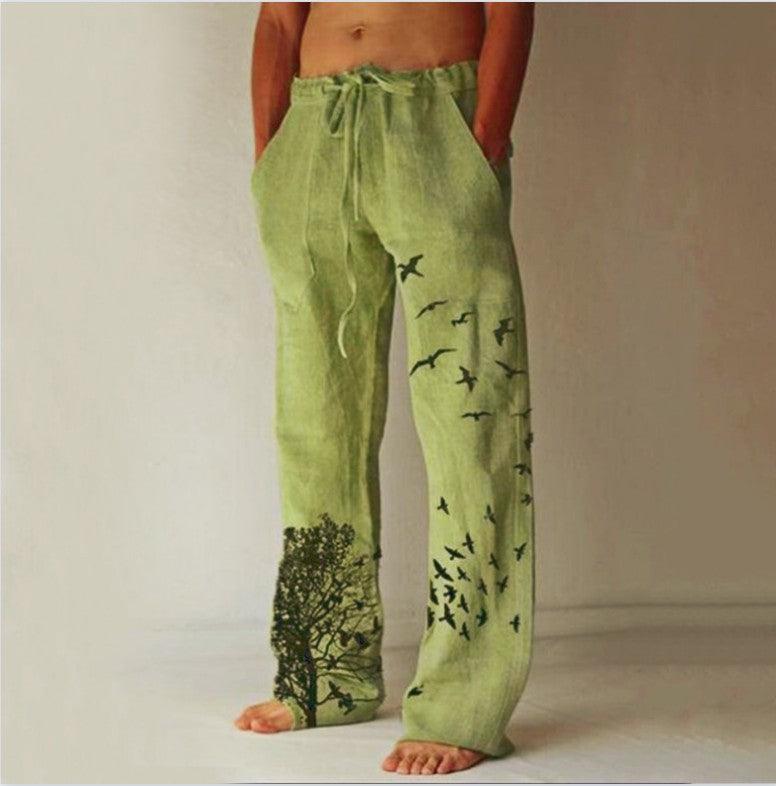 Exclusive Printed Flying Bird Drawstring Leisure Men's Pants — Gray — Size L — Top View