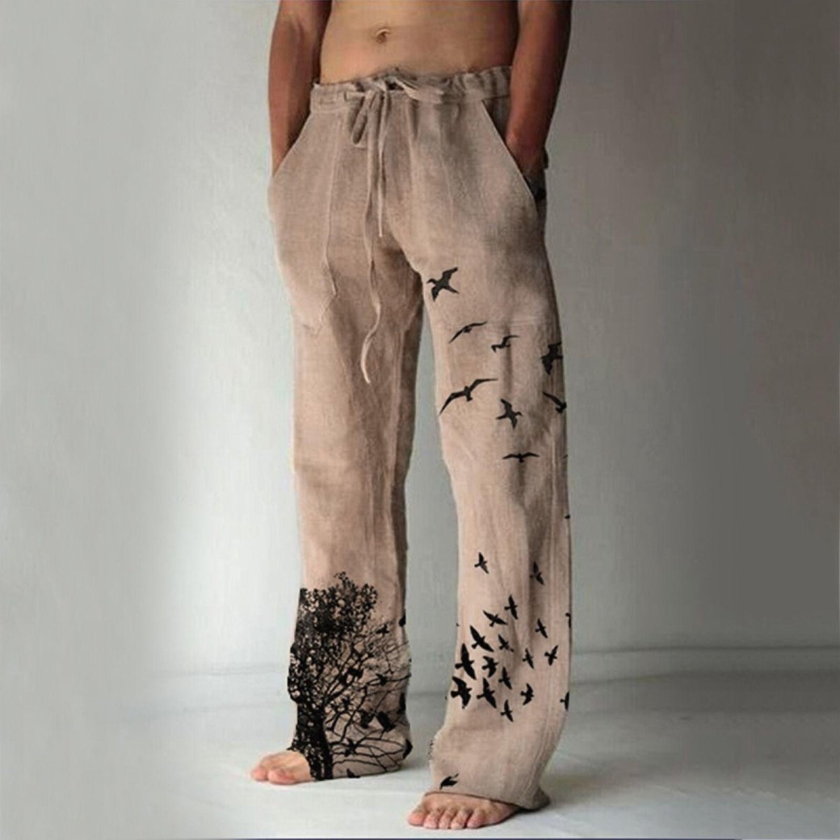 Exclusive Printed Flying Bird Drawstring Leisure Men's Pants — Gray — Size L — Side View