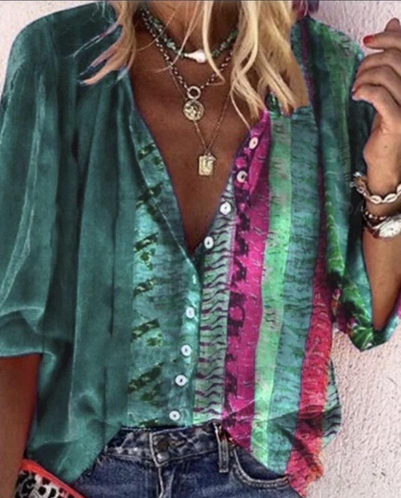 Exclusive Printed Long-sleeved V-neck Buttoned Ladies Shirt — Blue — Size 2XL — Alternate View 7
