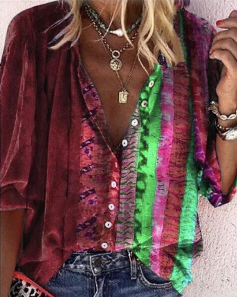 Exclusive Printed Long-sleeved V-neck Buttoned Ladies Shirt — Blue — Size 2XL — Detail View