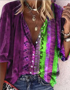 Exclusive Printed Long-sleeved V-neck Buttoned Ladies Shirt — Blue — Size 2XL — Alternate View 8