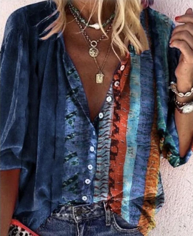 Exclusive Printed Long-sleeved V-neck Buttoned Ladies Shirt — Blue — Size 2XL — Front View