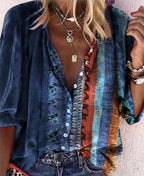 Exclusive Printed Long-sleeved V-neck Buttoned Ladies Shirt — Blue — Size 2XL — Front View