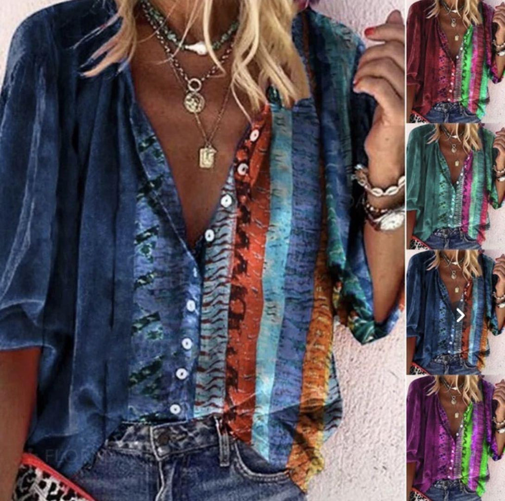 Exclusive Printed Long-sleeved V-neck Buttoned Ladies Shirt — Blue — Size 2XL — Top View
