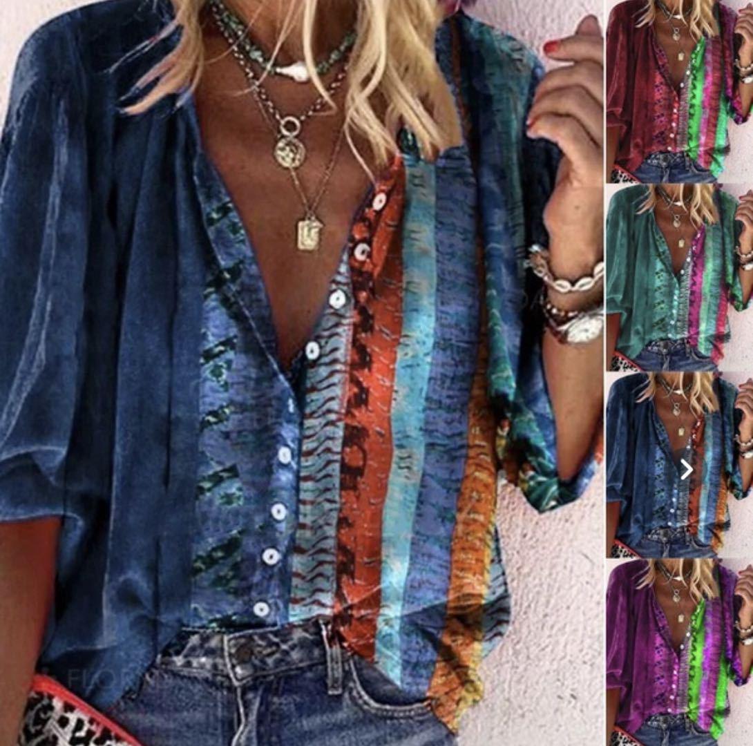 Exclusive Printed Long-sleeved V-neck Buttoned Ladies Shirt — Blue — Size 2XL — Top View