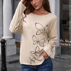 Exclusive Printed Round Neck Long Sleeve Pullover — Apricot — Size L — Side View