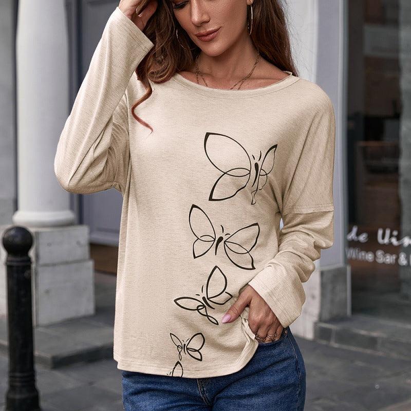 Exclusive Printed Round Neck Long Sleeve Pullover — Apricot — Size L — Side View