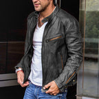 Exclusive Punk Mens Motorcycle Leather Jacket — Black — Size 2XL — Back View
