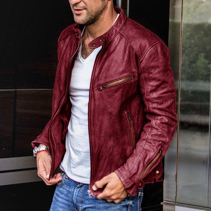 Exclusive Punk Mens Motorcycle Leather Jacket — Black — Size 2XL — Top View