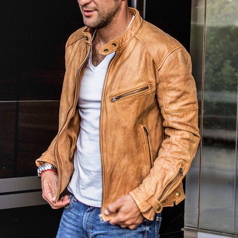 Exclusive Punk Mens Motorcycle Leather Jacket — Black — Size 2XL — Detail View