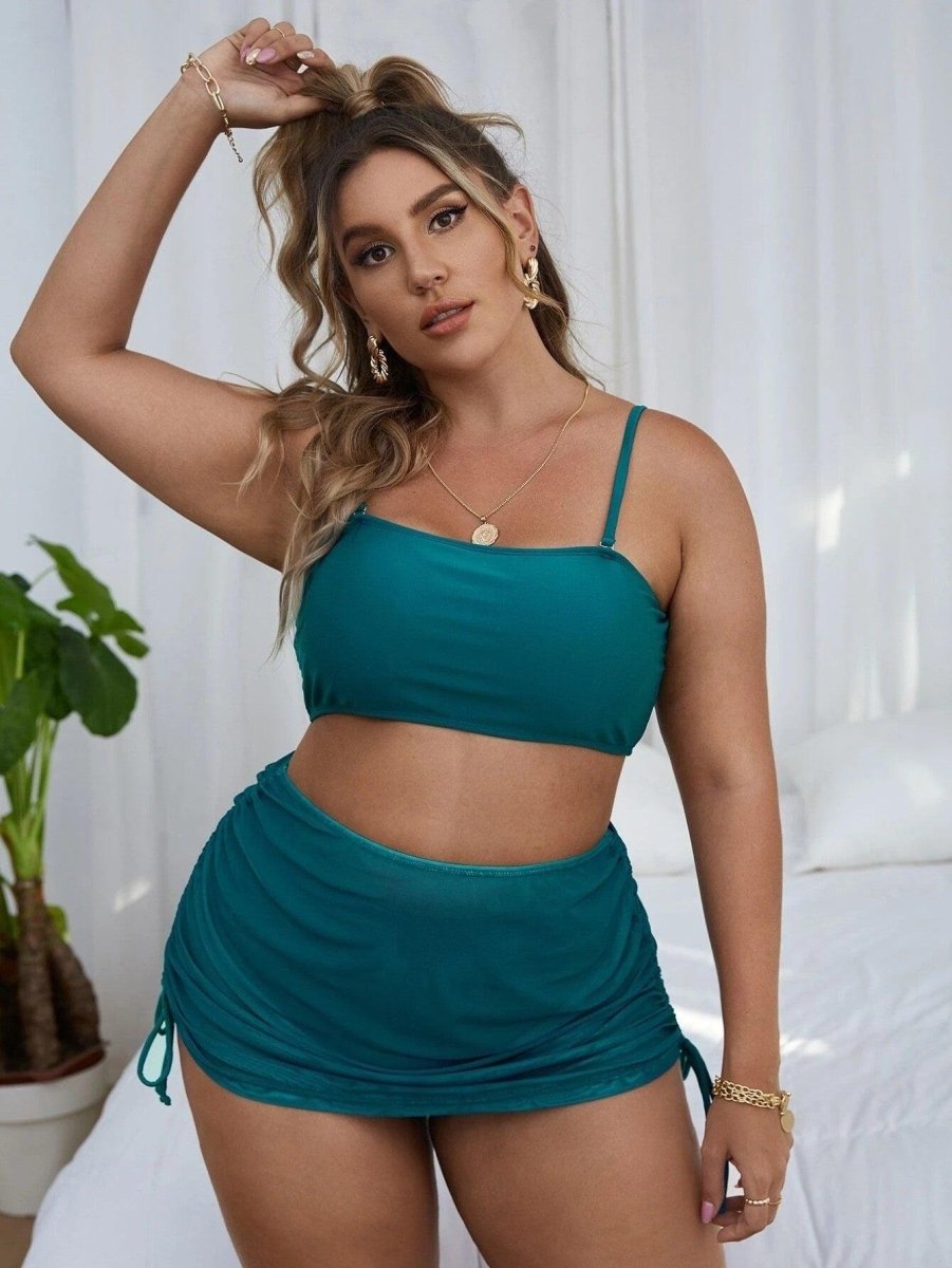 Exclusive Pure Color Mesh Bikini Three-piece Set For Women — Black — Size 0XL — Detail View