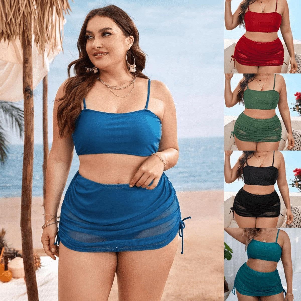 Exclusive Pure Color Mesh Bikini Three-piece Set For Women — Black — Size 0XL — Front View