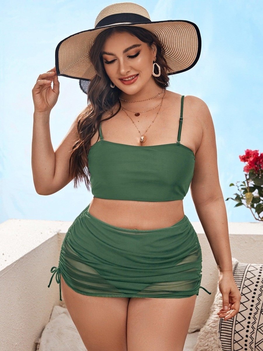 Exclusive Pure Color Mesh Bikini Three-piece Set For Women — Black — Size 0XL — Top View