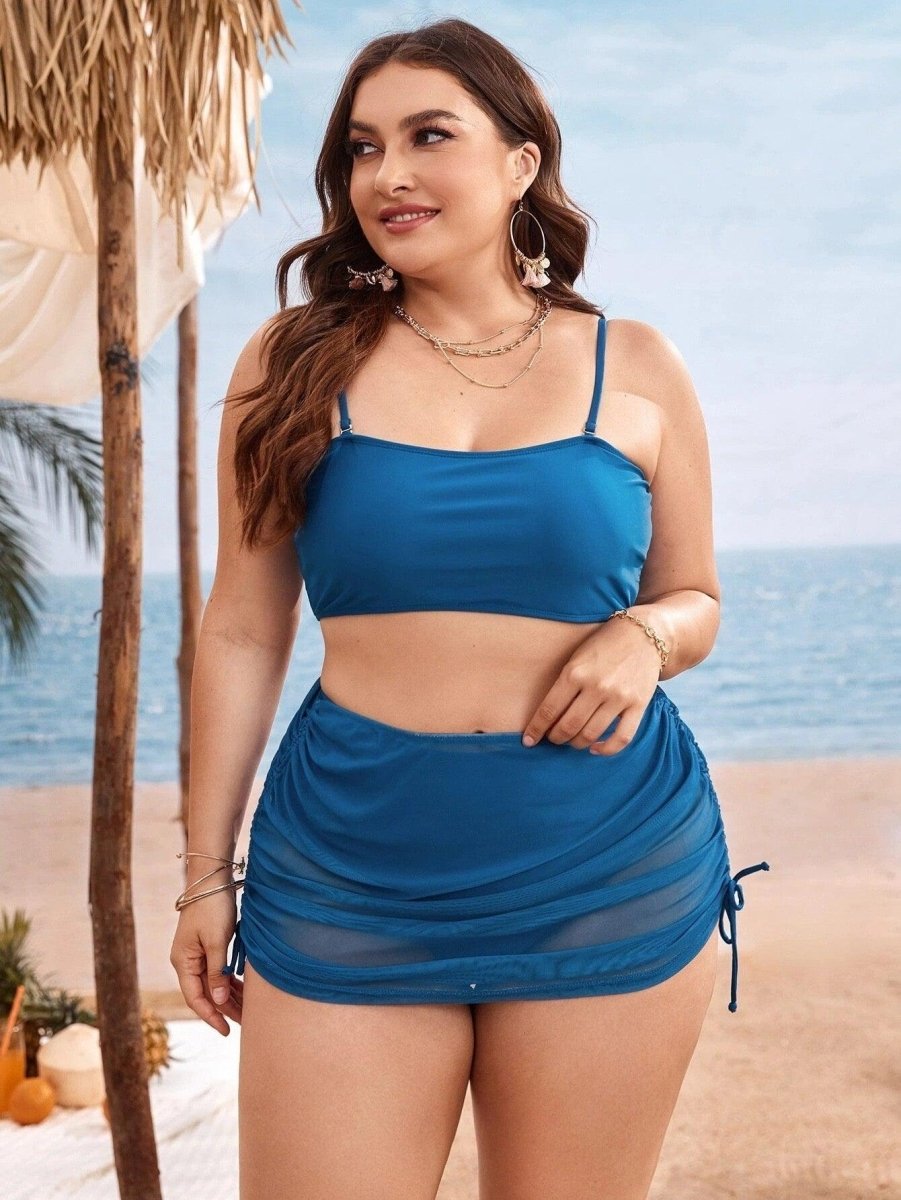 Exclusive Pure Color Mesh Bikini Three-piece Set For Women — Black — Size 0XL — Lifestyle View