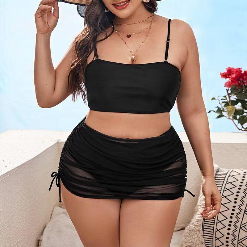Exclusive Pure Color Mesh Bikini Three-piece Set For Women — Black — Size 0XL — Side View