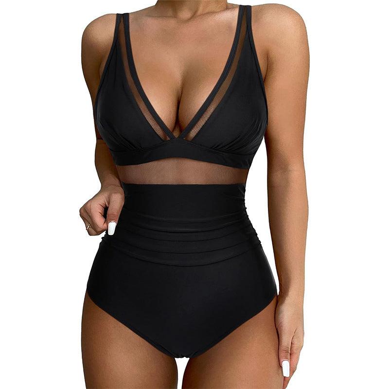 Exclusive Halter Bikini Set | Mesh | Pure Color — Black — Size L — Back View