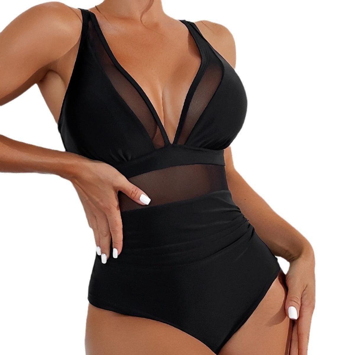 Exclusive Halter Bikini Set | Mesh | Pure Color — Black — Size L — Detail View