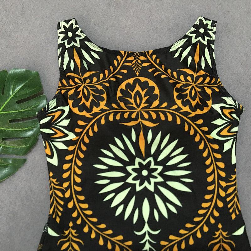Exclusive Retro Print One-Piece Swimsuit — Black — Size L — Back View