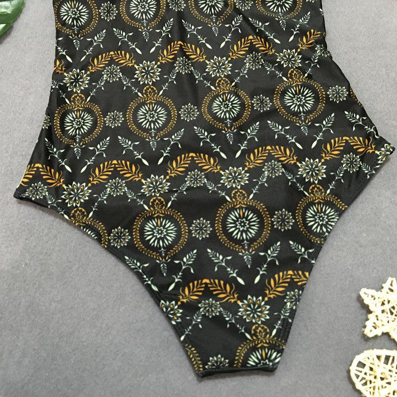 Exclusive Retro Print One-Piece Swimsuit — Black — Size L — Top View