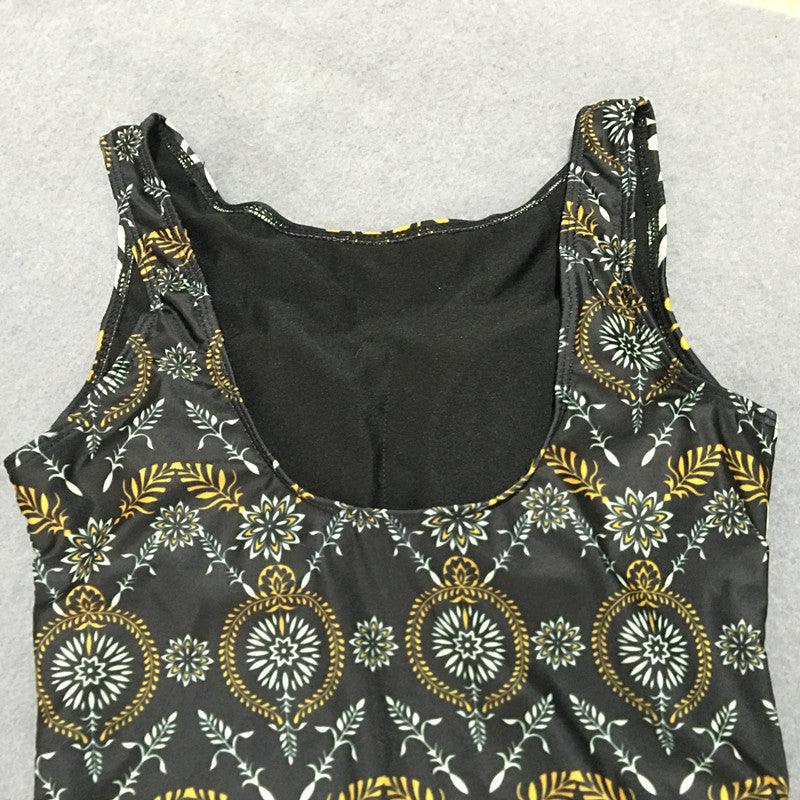 Exclusive Retro Print One-Piece Swimsuit — Black — Size L — Detail View